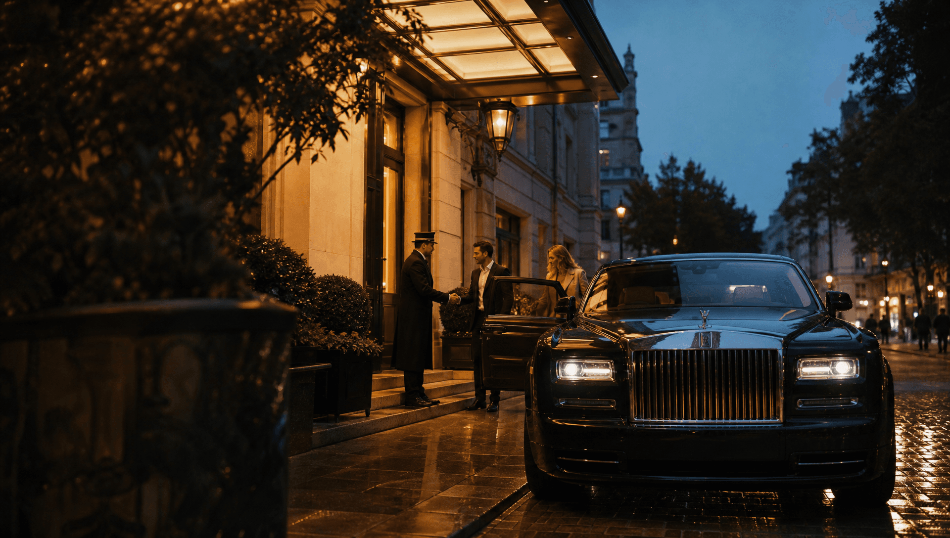 Private chauffeur car arriving at a luxury London hotel entrance at dusk