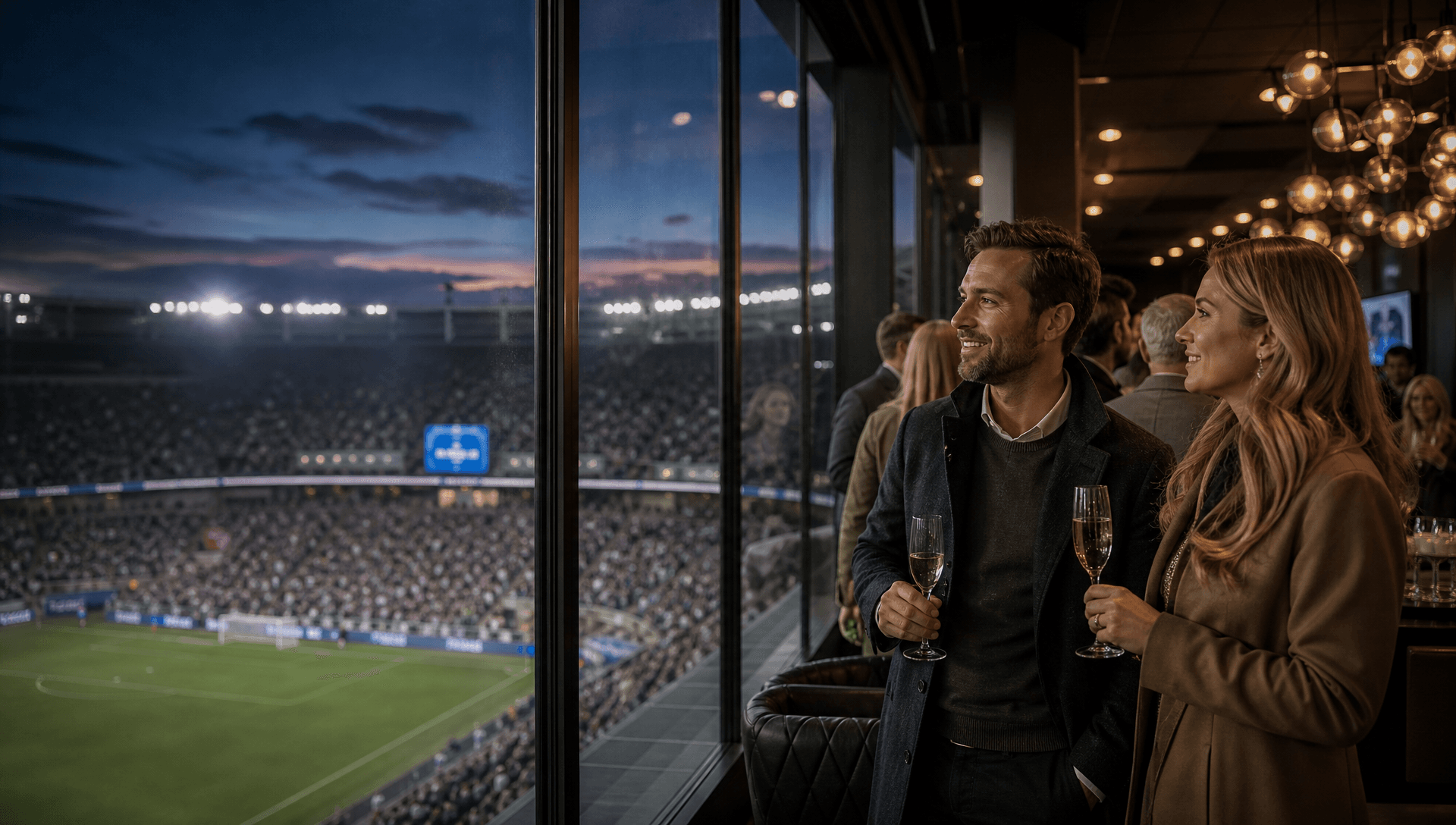 Guests enjoying premium hospitality suite overlooking the pitch under floodlights