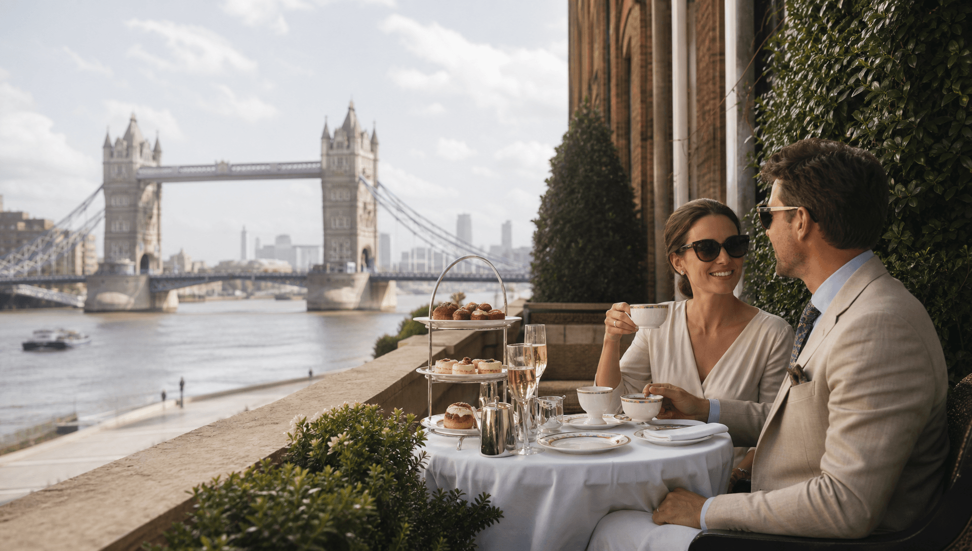 Guests enjoying afternoon tea overlooking Tower Bridge on the Thames