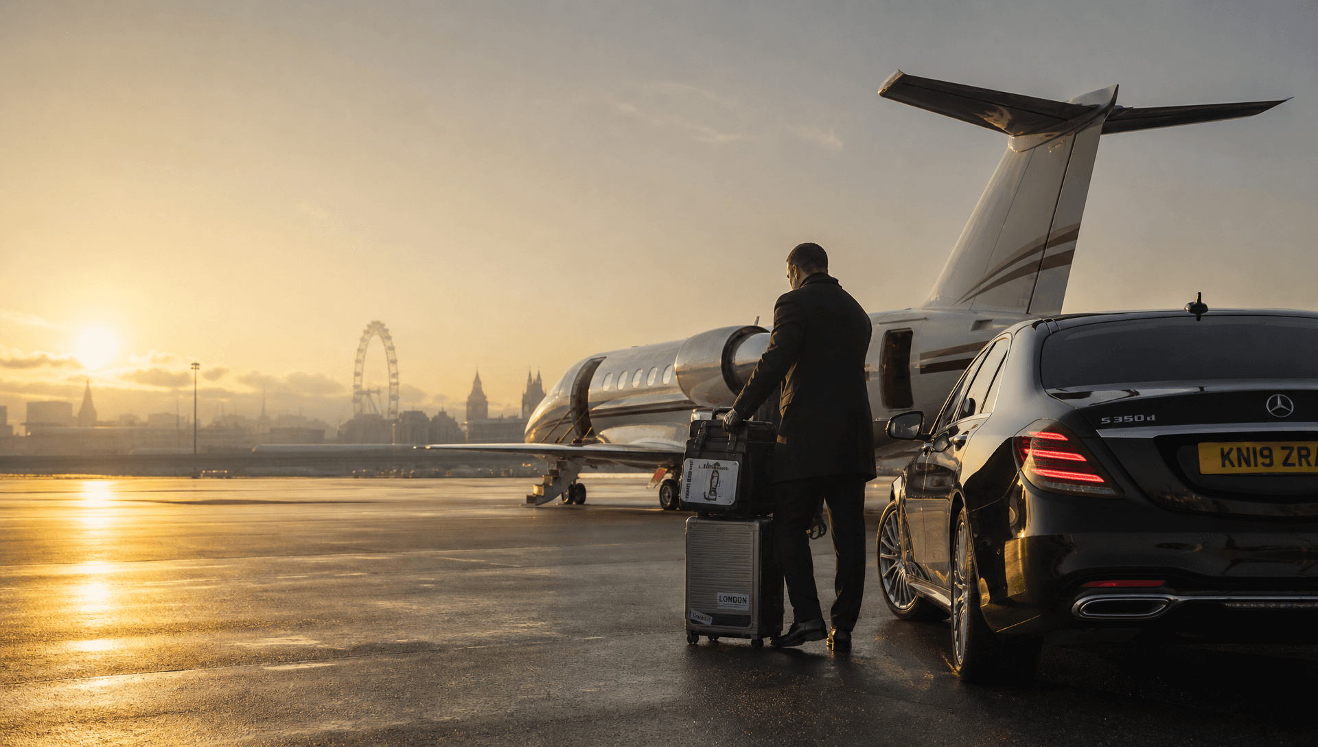 Chauffeur loading luggage beside a private jet at sunrise with London skyline behind