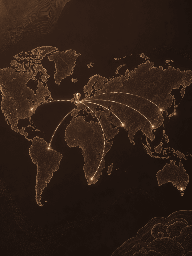 Illustrated world map showing travel routes from the Middle East, South Africa, Europe and Asia converging on London