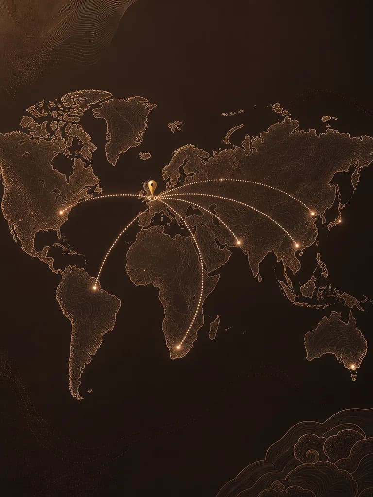 Illustrated world map showing travel routes from the Middle East, South Africa, Europe and Asia converging on London